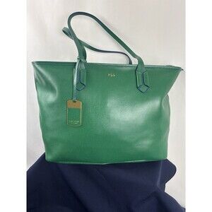 RALPH LAUREN Green with Blue Accents Leather Tote Bag Purse